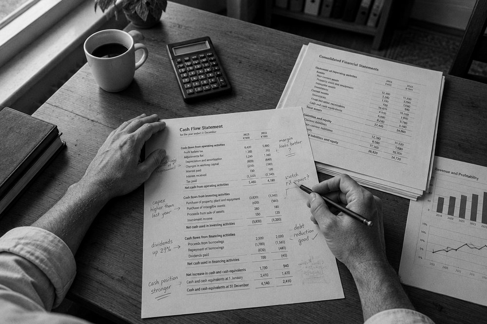 Estado de flujos de efectivo impreso con anotaciones a lápiz en los márgenes sobre una mesa de despacho