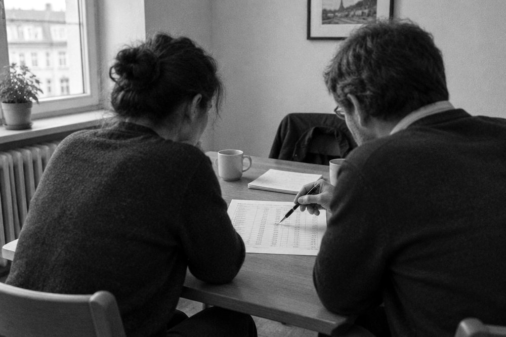 Dos personas revisando juntas una hoja de cálculo impresa sobre la mesa de una oficina