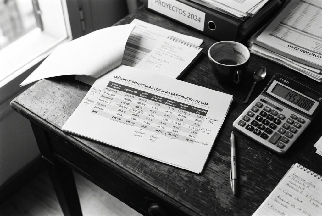 Informe impreso de análisis de rentabilidad por línea de producto con filas subrayadas a lápiz y anotaciones al margen