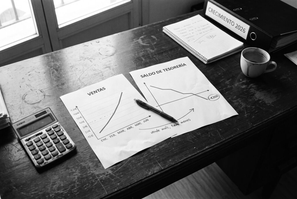 Dos gráficos impresos comparados sobre un escritorio, el de ventas subiendo y el de saldo de tesorería bajando, unidos por una nota que dice vende más, tiene menos