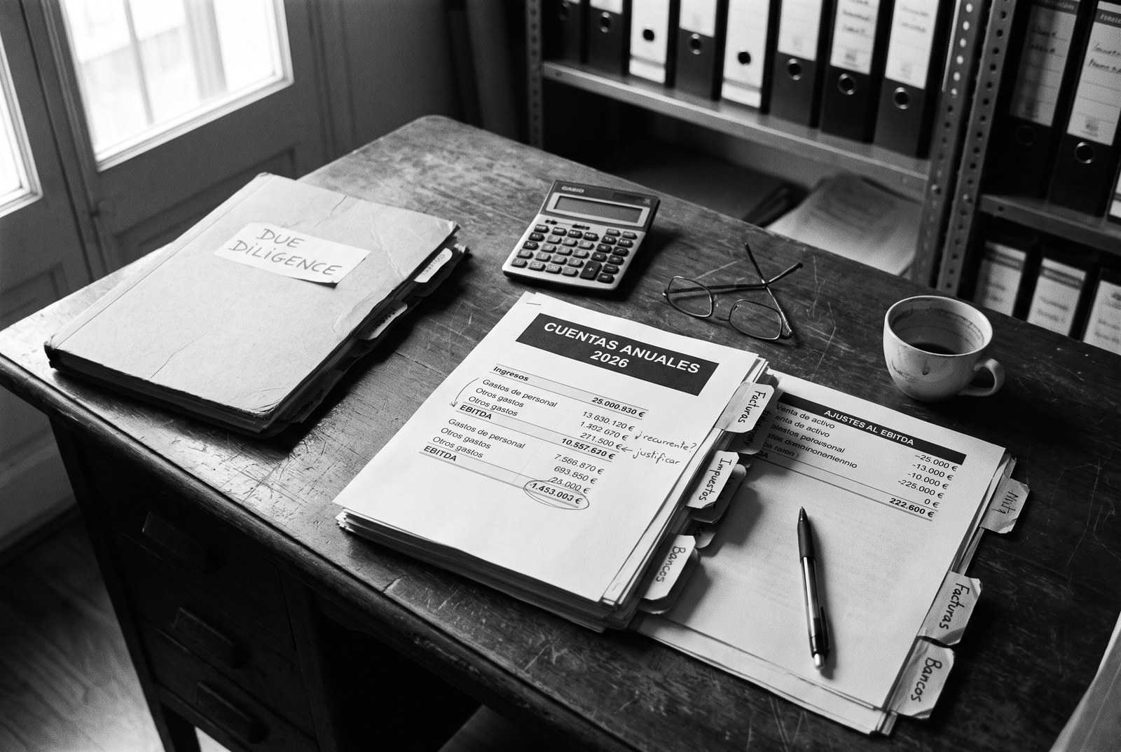 Carpeta rotulada a mano como due diligence junto a unas cuentas anuales y una hoja de ajustes al EBITDA con anotaciones a bolígrafo preguntando si una partida es recurrente
