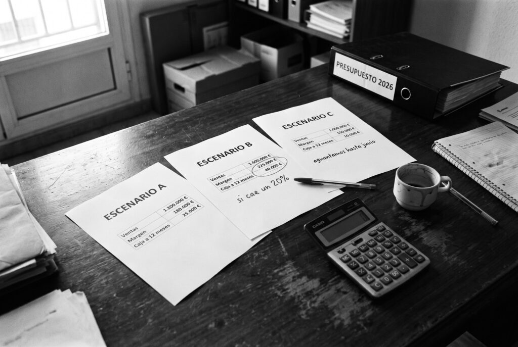 Tres hojas con los escenarios A, B y C de ventas, margen y caja a doce meses, con anotaciones a bolígrafo que dicen si cae un 20% y aguantamos hasta junio