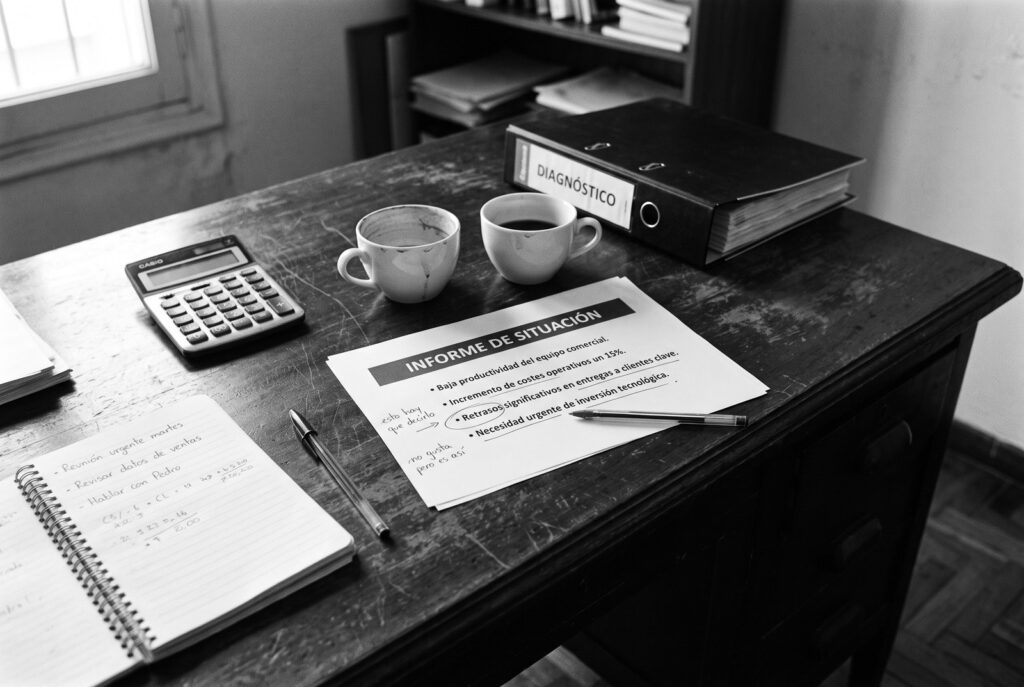 Informe de situación sobre un escritorio con varias conclusiones subrayadas, una de ellas rodeada a bolígrafo, y las notas al margen esto hay que decirlo y no gusta pero es así, junto a dos tazas de café