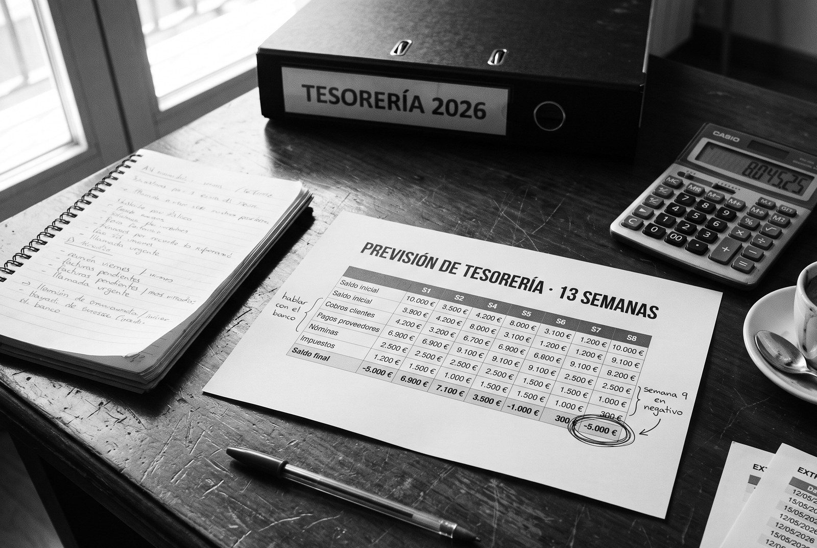 Previsión de tesorería a trece semanas impresa sobre un escritorio, con el saldo negativo de una semana rodeado a bolígrafo y una nota al margen que dice hablar con el banco