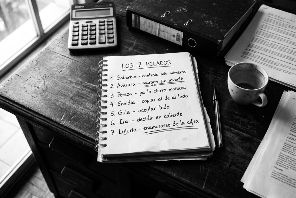 Cuaderno abierto con los siete pecados financieros escritos a mano y numerados, desde controlo mis números hasta enamorarse de la cifra, con dos de ellos subrayados