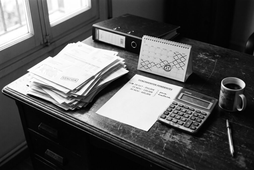 Pila de facturas vencidas sin abrir junto a un calendario de sobremesa con los días tachados y una lista manuscrita de vencimientos pendientes
